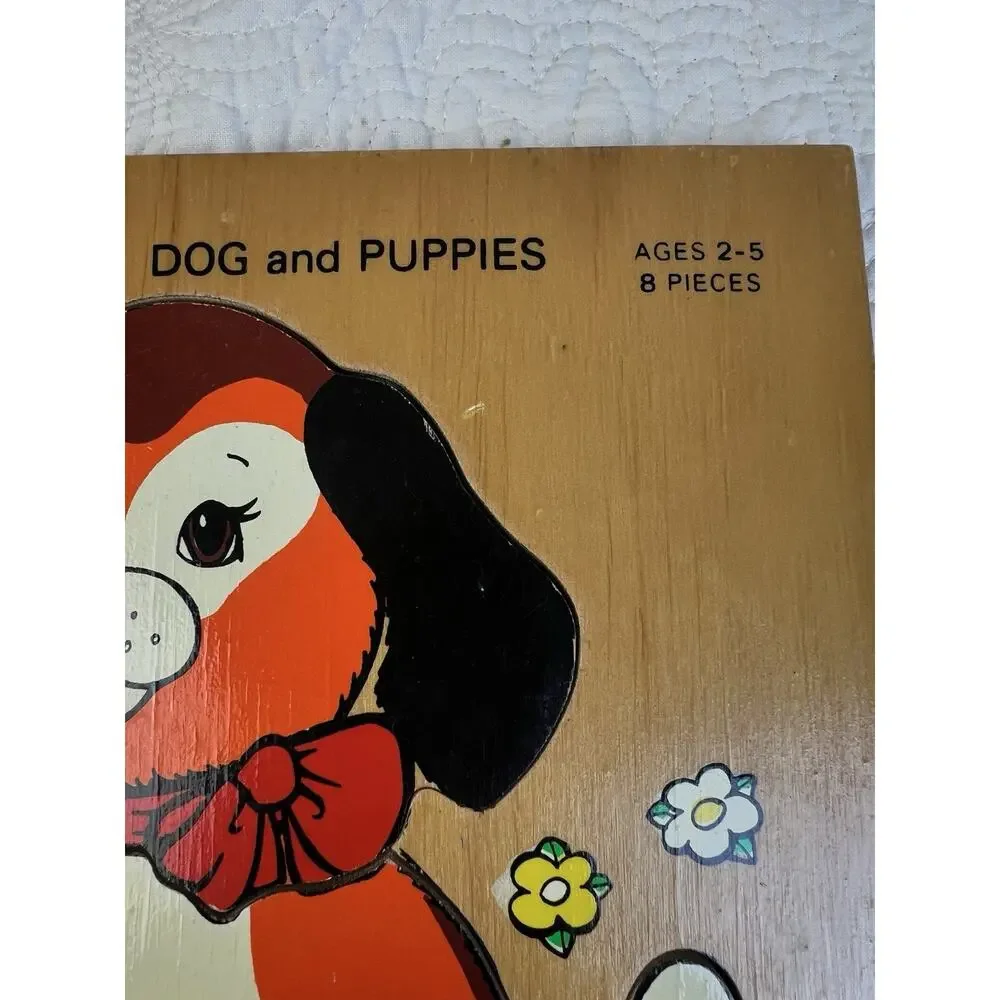 Vintage 1973 Fisher‑Price Pickup & Peek Wooden Peg Puzzle #511 Dog & Puppies